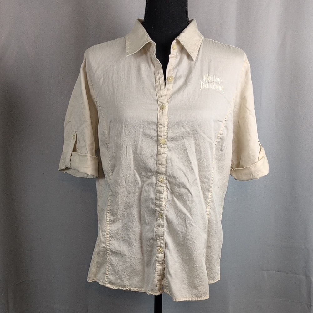 Harley-Davidson Beige Button-Down Shirt Large Bikercore Motorcycle Embroidered